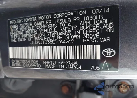 2014 Toyota Prius C из США, поврежденный, VIN JTDKDTB38E1064262
